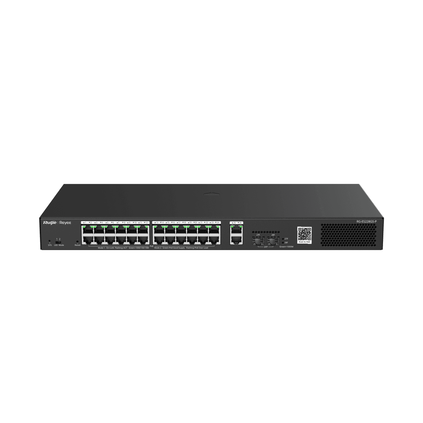 Reyee RG-ES228GS-P , 28-Port Gigabit Smart POE Switch, 24 PoE/POE+ Gigabit RJ45 Ports with 2 Gigabit RJ45/2 SFP uplink ports,370W PoE power budget, Desktop Steel Case