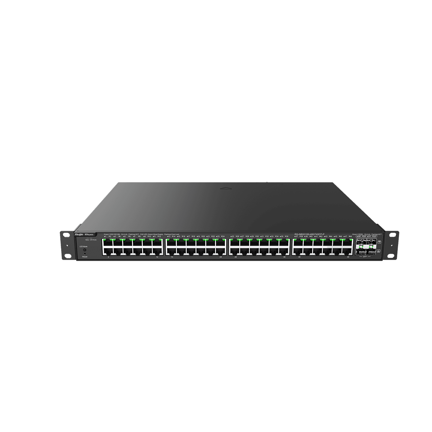 Reyee RG-NBS3100-48GT4SFP-P , 48 × 10/100/1000Base-T copper ports with auto-negotiation, 4 × 1GE SFP ports, fixed single AC power supply, PoE/PoE+ power supply, 370 W PoE power supply
